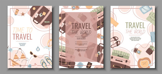 Set of tourist flyers. Posters with luggage and clothes. Travel around the world, summer vacation. Banners for a travel agency.