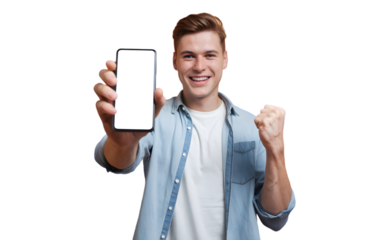 Young man in casual attire showcasing blank smartphone screen with enthusiastic gesture on a transparent background, ideal for app display mockups, digital content, and advertising space