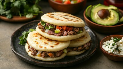 Arepas on a Plate Filled with Various Meats, Cheeses, and Avocado