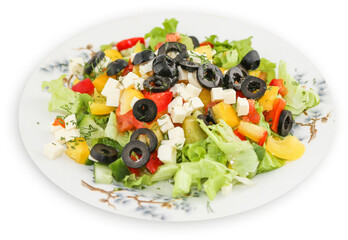 Greek salad on a plate: Cucumbers, Tomatoes, Bell peppers, Onions, Olives, Feta cheese, Salt and pepper, salad