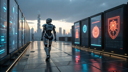 Futuristic Cityscape with Robot and Digital Billboards