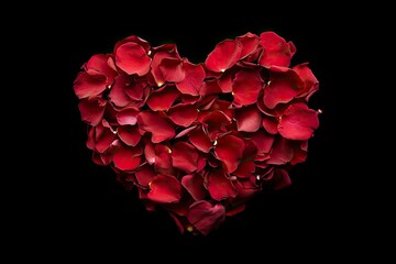 Beautiful composition with heart of red petals rose flower on black background. Love concept. Top view, Flat lay. Elegant Floral template for design to Valentine's Day, with generative ai