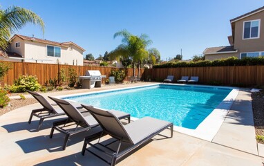 A sunny backyard pool with lounge chairs and a barbecue area, perfect for relaxation and leisure.