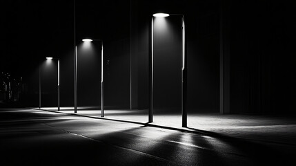 Abstract streetlights casting long shadows at night.