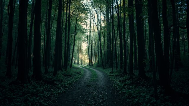 Dark Scary Forest Pathway Silhouette Photography for Atmospheric Landscape Imagery