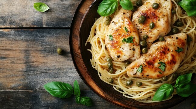 Spaghetti with chicken piccata and capers on a wooden surface