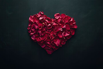 Obraz premium Beautiful composition with heart of red petals rose flower on black background. Love concept. Top view, Flat lay. Elegant Floral template for design to Valentine's Day, with generative ai