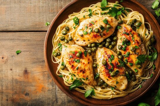 Spaghetti with chicken piccata and capers on a wooden table