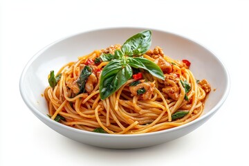 Spicy stir fried spaghetti with minced chicken and basil Pad Kra Pao on a white background with a cutout