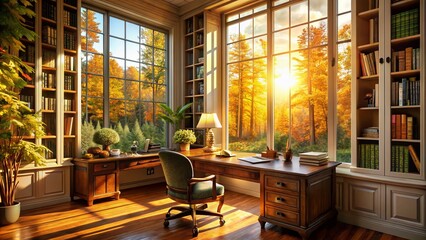 Fototapeta premium Cozy Sunlit Home Office with Fall Forest View and Wooden Desk