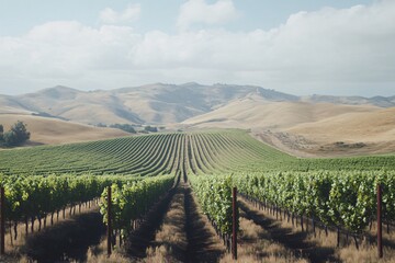 Fototapeta premium Vineyard Rows in Rolling Hills: A Picturesque Landscape