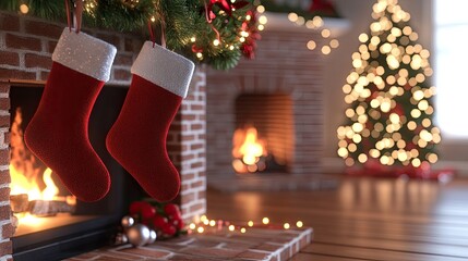3D Christmas stockings hanging by a fireplace, with a crackling fire and glowing lights.