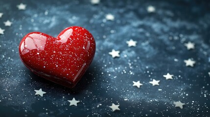 Fototapeta premium Red shiny heart on a dark background with white shining stars symbolizing dreams. Valentine's day concept. Copy space