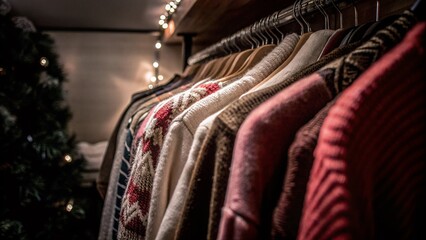 Cozy Winter Holiday Sweaters on a Rack in a Closet for Seasonal Decor Inspiration