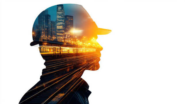 Silhouette of man with cityscape and train overlay, symbolizing urban life. Double Exposure concept.