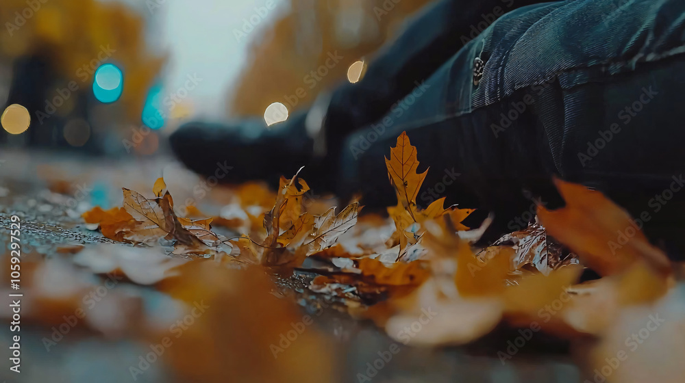 Aufkleber Exploring the serenity of an autumn forest path adorned with colorful fallen leaves and gentle breezes
