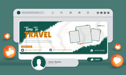 Travel Facebook Cover Facebook cover Design In Vector Illustrator Template for ads Travel social media Facebook cover, web banner Travel social media Banner Design with mockup template 