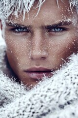 Close-up Portrait of a Man with Snow on his Face and Hair