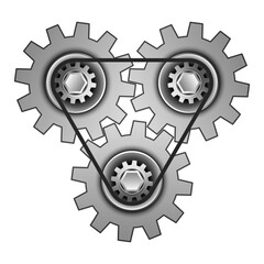 Three gears interlocking, creating a triangle shape. Simple clip art, suitable for design, isolated on a transparent background.