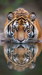 Fototapeta premium A tiger is looking at the camera while sitting in a body of water. The reflection of the tiger in the water adds to the overall mood of the image