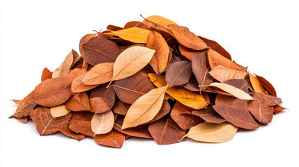 Pile of dried brown leaves creating natural autumn feel.
