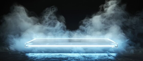 A blue, glowing, smokey background with a clear, blue object in the foreground