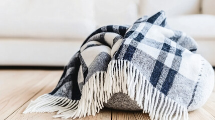 Closeup of snowflakes gently landing on a warm woolen blanket capturing the essence of winter's beauty and comfort