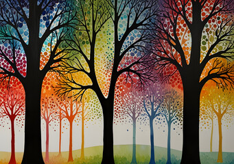 Trees in brightly colored artwork