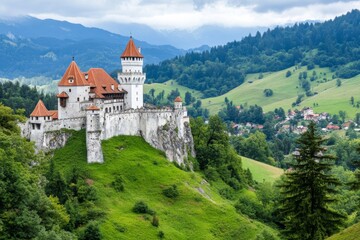 Obraz premium View of a medieval castle high in the mountains. Natural landscape with an old fortress. Ancient building. Example of medieval architecture