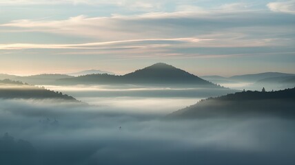 Obraz premium Sunrise Over Misty Mountains A Tranquil Scene with Rolling Clouds and Green Hills