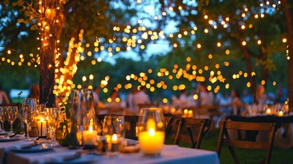 A table is set for dinner in the evening, with string lights strung through the trees overhead