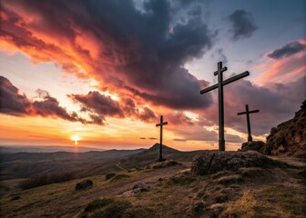 Obraz premium Crosses on Calvary - Panoramic Landscape of Faith and Redemption
