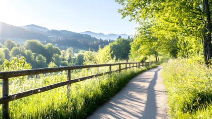Fototapeta premium scenic eco trail surrounded by lush greenery and mountains