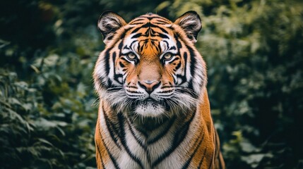 Fototapeta premium A tiger is staring at the camera with its mouth open. The tiger is in a green forest with lots of foliage