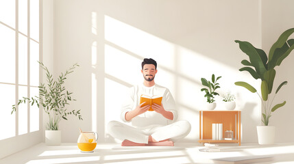 Man meditating and reading in bright, serene room with plants