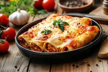 Tasty pasta stuffed with meat on a wooden table