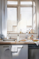 Bright kitchen with sunlight streaming through window and dishes on countertop