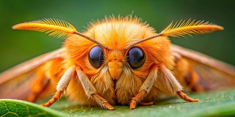 Detail macro shot of fluffy orange moth with detailed eye and antenna, moth, fluffy, orange, close-up, macro, photograph, eye