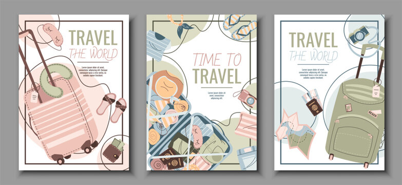 Set of tourist flyers. Posters with open luggage and clothes. Travel around the world, summer vacation. Banners for a travel agency.