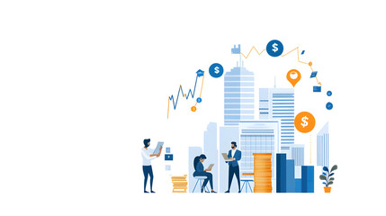 Investment potential illustrated with people, buildings, and money symbols