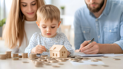 Family assessing property loan and credit scores with child playing