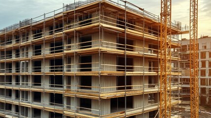 A Multi-Story Building Under Construction with Scaffolding