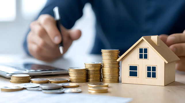 Property loan collateral with coins and house model, showcasing budgeting