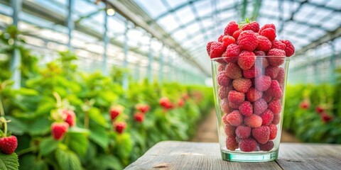 Fresh raspberries growing in a glass greenhouse background, fruits, raspberries, berries, red,...