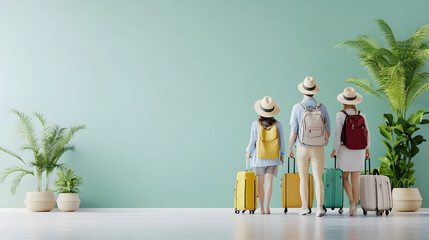 Travelers with luggage ready for adventure in tropical setting