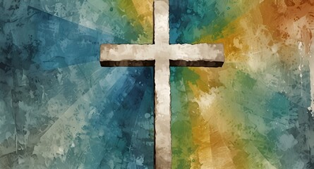 Christian cross on colorful watercolor painting art with divine light, copy space background