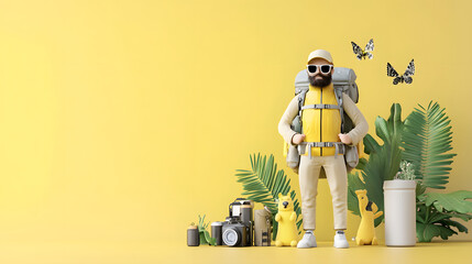 vibrant scene of traveler with backpack surrounded by nature