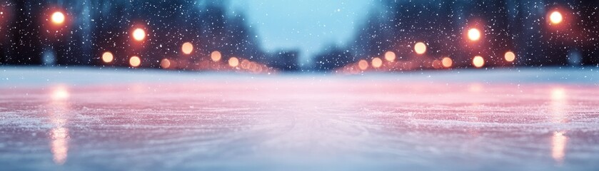 A serene winter scene featuring gentle snowfall, illuminated by glowing lights along a tranquil road, creating a magical atmosphere.