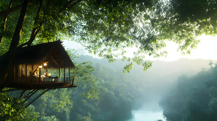 Treehouse accommodation overlooking serene river and lush greenery