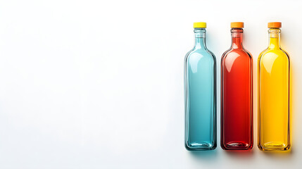 Colorful glass bottles in vibrant hues on white background